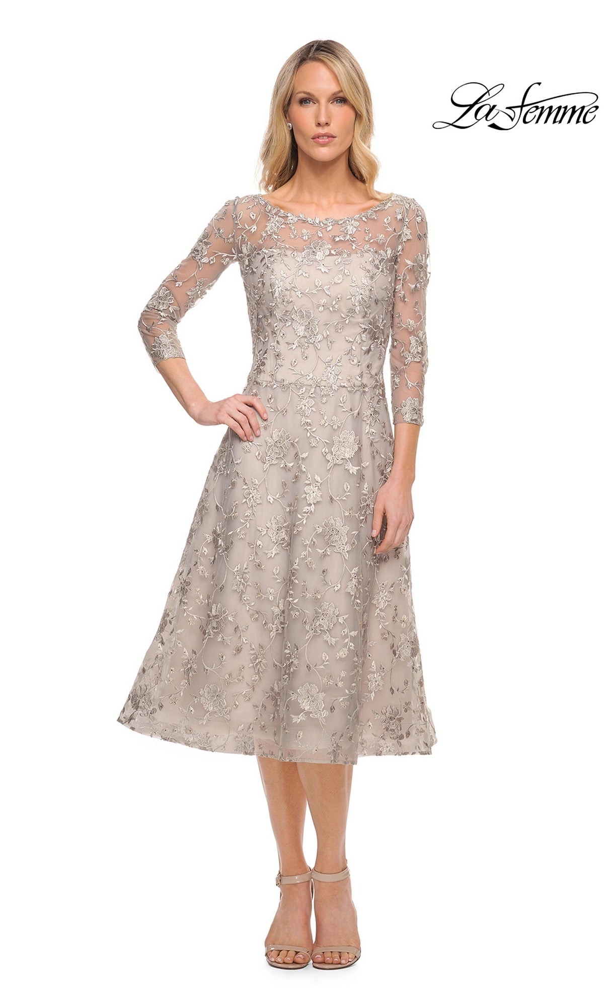 A pearl silver Midi Wedding Guest Dress: La Femme 30004 with three-quarter sleeves and an overlay featuring floral embroidery, worn with nude ankle-strap heels.